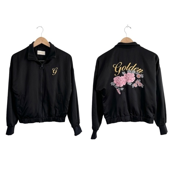 Aritzia Golden By TNA Satin Embroidered Floral Shaul Bomber Jacket - Picture 1 of 14